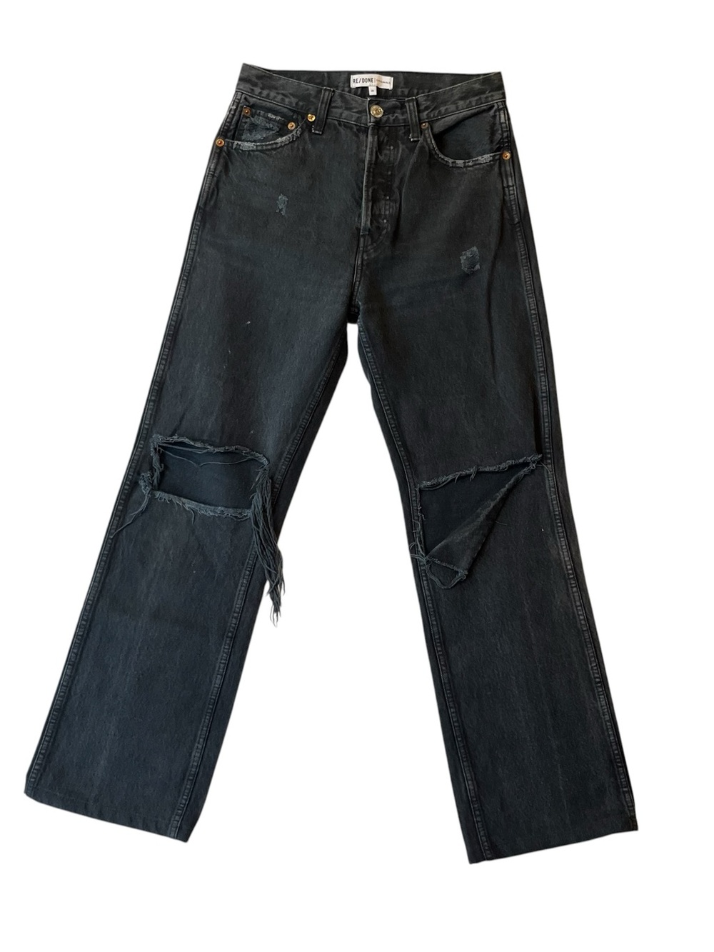 RE/DONE High Rise 26 Distressed Black 90s Loose Straight Leg Jeans Button fly